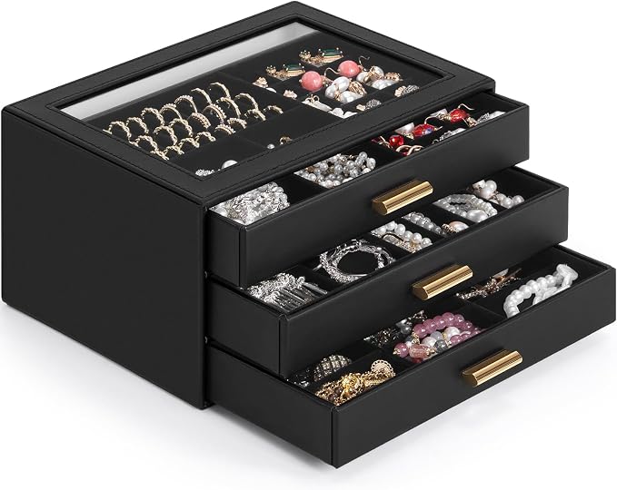AKOZLIN Jewelry Box with Clear Lid Functional Leather Jewelry Storage Organizer Case 3 Drawers for Women Girls Necklace Ring Bracelet Earring