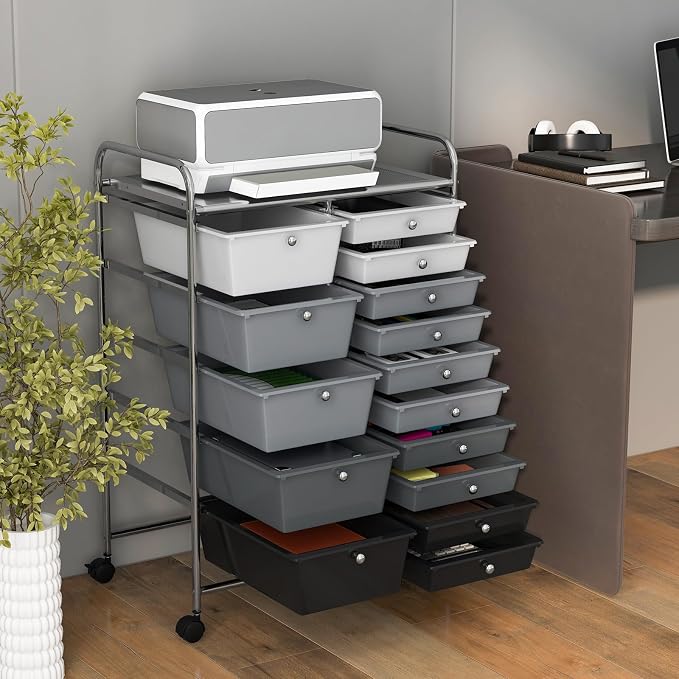 Moccha 15-Drawer Rolling Storage Cart - Under Desk Storage Drawers with wheels for Craft Art Supply Paper Salon, Scrapbook Paper Tools, Mobile Utility Cart for Classroom (15 Drawers, Gradient Grey)