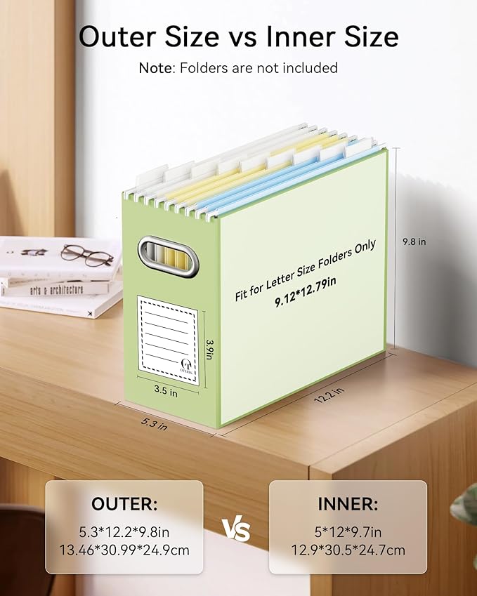 Oterri File Organizer Box, Portable Collapsible Cardboard File Folder Organizer with Handle for Letter Size Hanging Files, Document Storage Box for Home Office & Classroom (4 Packs, Green)