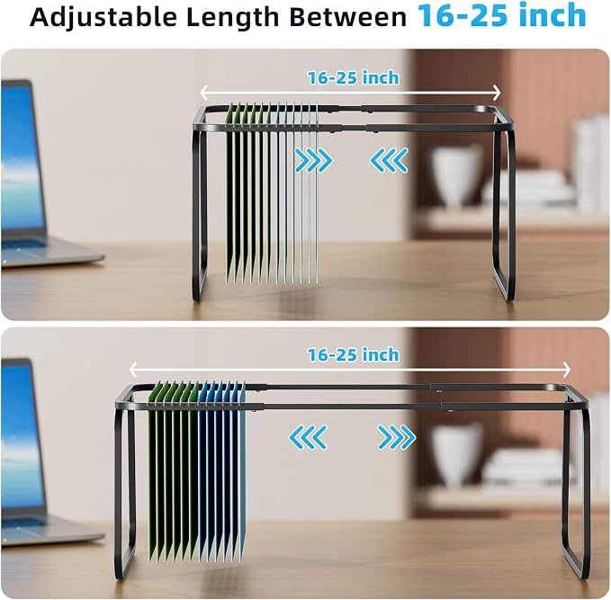 Marbrasse Hanging File Folder Frame, Adjustable Letter Size File Holder 16-25 Inches, Metal File Cabinet Rails for Office, Home, School, 2P(Black)