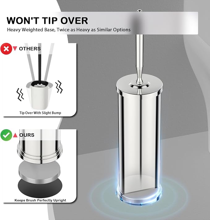 Stainless Steel Toilet Brush and Holder Set : Weighted Stable Base, Removable Inner Tube.Long Handle Toilet Bowl Brush Splash-Proof Design for Deep Cleaning & Space-Saving Storage,Chrome