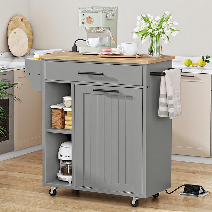HOOBRO Kitchen Island with Trash Can Storage, Rolling Kitchen Island on Wheels, Mobile Island Cart with Power Outlet, Islands Table for 10 Gallon Garbage Bin, White and Grey GN80UZD01G1
