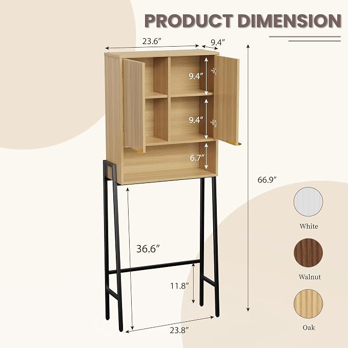 25" W Over The Toilet Storage Cabinet with Fluted Door,Bathroom Organizers and Storage with Adjustable Shelves, Modern Over Toilet Organizer for Bathroom,Restroom,Laundry,Oak