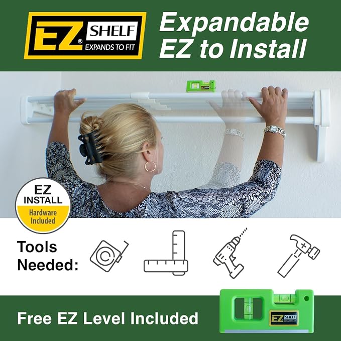 EZ Shelf-Expandable-Closet Shelf (NO Hanging Rod)- 19.5” to 29” -White-Easy Install to Backwall(Floating)-Wire Closet Shelving Alternative-(EZS-SW27-1-2)