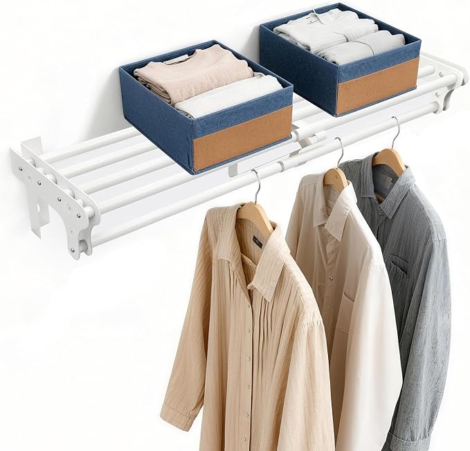 Steel Closet Shelf with Hanging Rod, 40-73'' Expandable Closet Shelves | Back Wall & Side Wall Mounted, Heavy Duty Storage Rack Holds 220 lbs, Adjustable DIY Closet Rod with Shelf Divider Separator