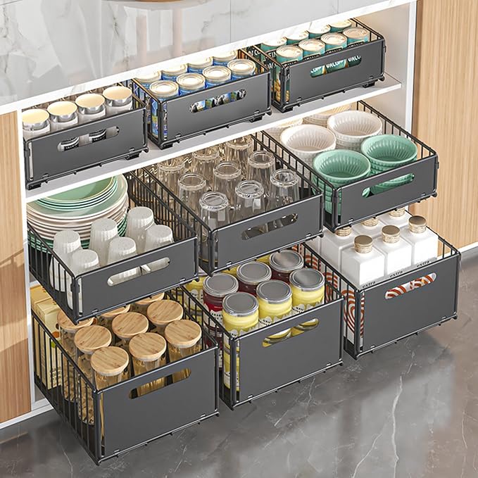 Pull-out Cabinet Organizer Storage Basket Large Capacity Strong Load-Bearing Easy Installation No Drill Slide-Out Drawers Storage Racks (2pc Small)
