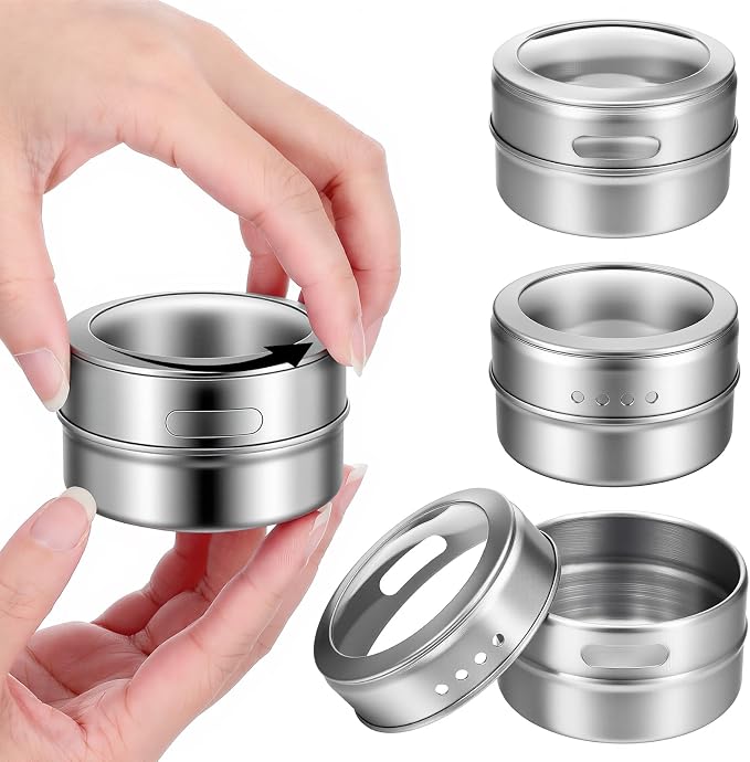 Set of 8 Magnetic Spice Tins with 2 Metal Wall-Plates, 100 Preprinted Labels, 3 oz Clear Lid Jars for Kitchen Refrigerator Storage