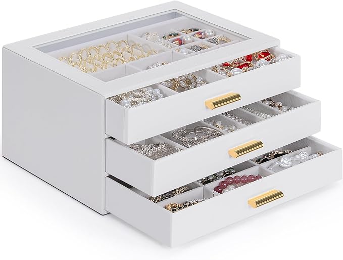 AKOZLIN Jewelry Box with Clear Lid Functional Leather Jewelry Storage Organizer Case 3 Drawers for Women Girls Necklace Ring Bracelet Earring