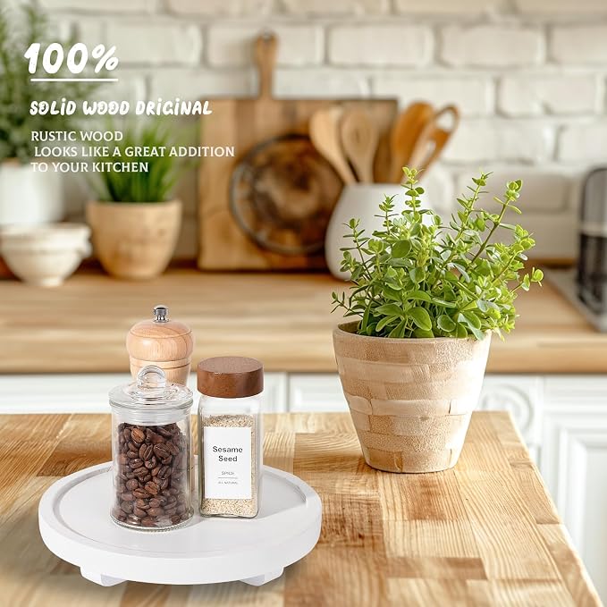 Round Decorative Tray Farmhouse Kitchen Decor Soap Dish, 8" White | Waterproof, Lightweight, Easy Clean, Wood Riser Pedestal Stand Accessories for Office Desk, Vanity, Counter, Sink