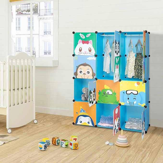 12 Cubes Storage Organizer,Portable Closet Wardrobe,Plastic Clothes Storage Shelves,Modular Bookcase Closet Cabinet,with Doors,for Kitchen, Bedroom, Playroom, Living Room, Office, Dorm (Blue)