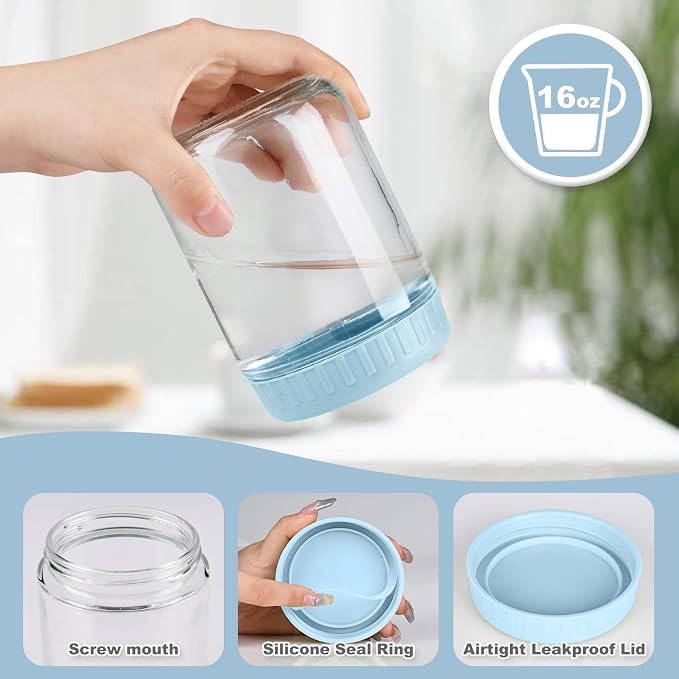 SHOWIN Overnight Oats Containers with Lids, 16oz Glass Jars with Lids 4 pcs, Light Blue, Wide Mouth Mason jars for Salad, Yogurt, Snacks, Meal Prep