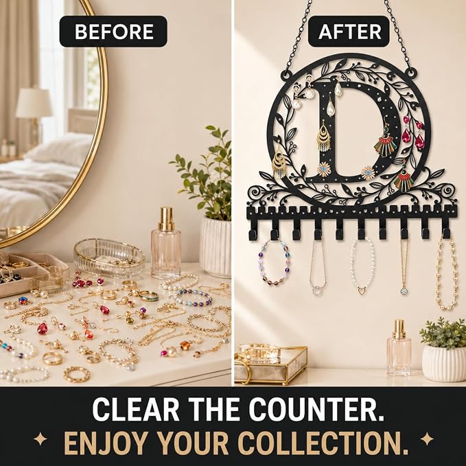 Personalized Wall Mounted Metal Initial Letter D Earring Holder Jewelry Organizer for Earrings and Necklaces Space Saving Wall Display with Hooks Jewelry Storage Bedroom Vanity Gift for Women