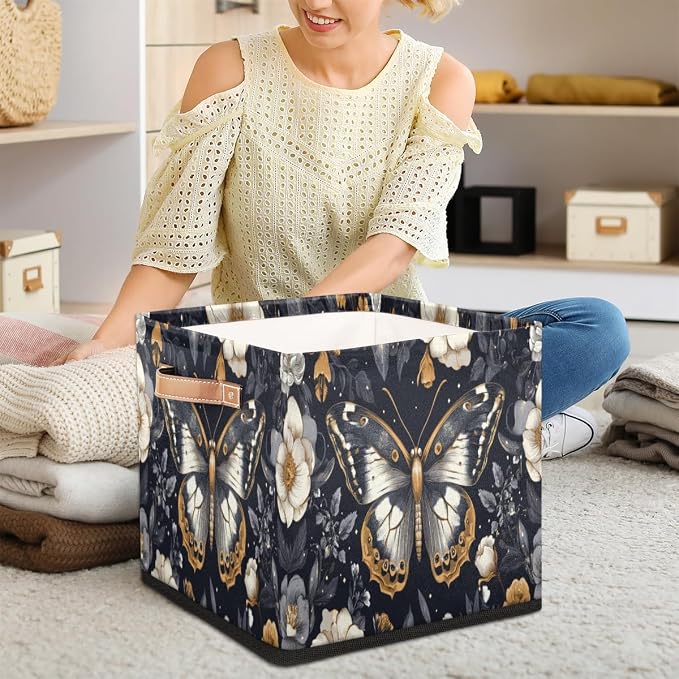 TropicalLife Flower Butterfly Storage Cube, 13 Inch Fabric Cube Storage Organizer Bin for Shelves Clothes, Decorative Foldable Storage Boxes