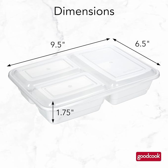 GoodCook Food Storage Containers for Meal Prep Rectangle Three Compartments & Made without BPA, 20-Piece, White