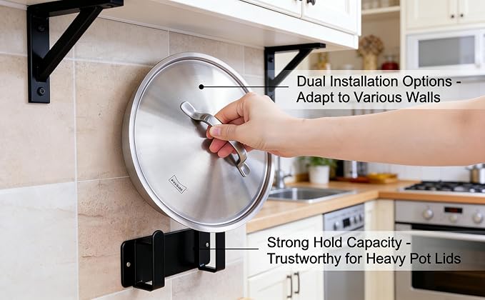 2 Pack Black Stainless Steel Wall Mounted Cutting Board Holder, Punch-Free Adhesive Pot Lid Organizer, Multifunctional Kitchen Storage Rack, Rustproof Heavy Duty