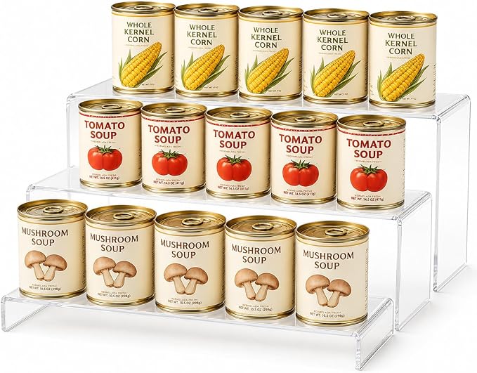 3 Tier Clear Acrylic Display Shelf Organizer, Pantry Can Rack for Food and Drinks, Tiered Stand for Perfume, Cupcakes, Cookies, Party Food, Figurines and Collectibles