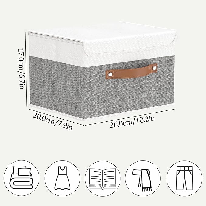OUTBROS Storage Boxes, Collapsible Storage Bins with Lids, Cotton and linen cloth Storage Baskets with Handle, for Books, Closet, Bedroom, Home, 10.2x7.9x6.7 in, White/Grey