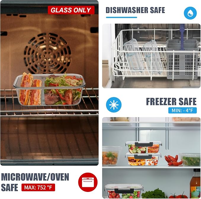 2 & 3 Compartment Glass Meal Prep Containers 6 Pack, 34oz Lunch Containers | Portion Control, Glass Food Storage Containers with Airtight Lids, Microwave, Freezer, Dishwasher Safe, Leak-Proof