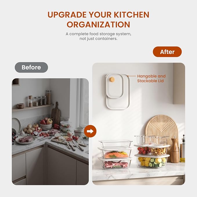 8 Glass Food Storage Containers with Click-Together Lids, Stackable Meal Prep Food Container Set, 4 Sizes Modular Glass Storage for Snacks, Sandwiches, Overnight Oats, Leftovers & Fridge Organization