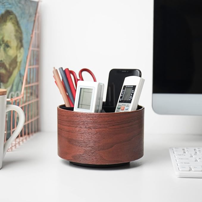 Round Leather Art Supply Organizer,Remote Control Holder,360 Degree Spinning,Multi-Functional Pencil Holder,4 Compartments Desktop Stationary Organizer(1-Light Brown2)