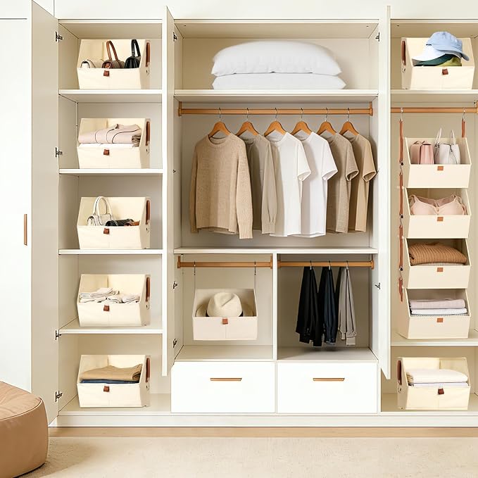 4 Tier Hanging Closet Organizer,Stackable Hanging Clothes Shelves,Space-Saving Closet System with Metal Hook,Fabric Collapsible Storage Baskets for Rv,Home,Homestay,Dorm(Beige)