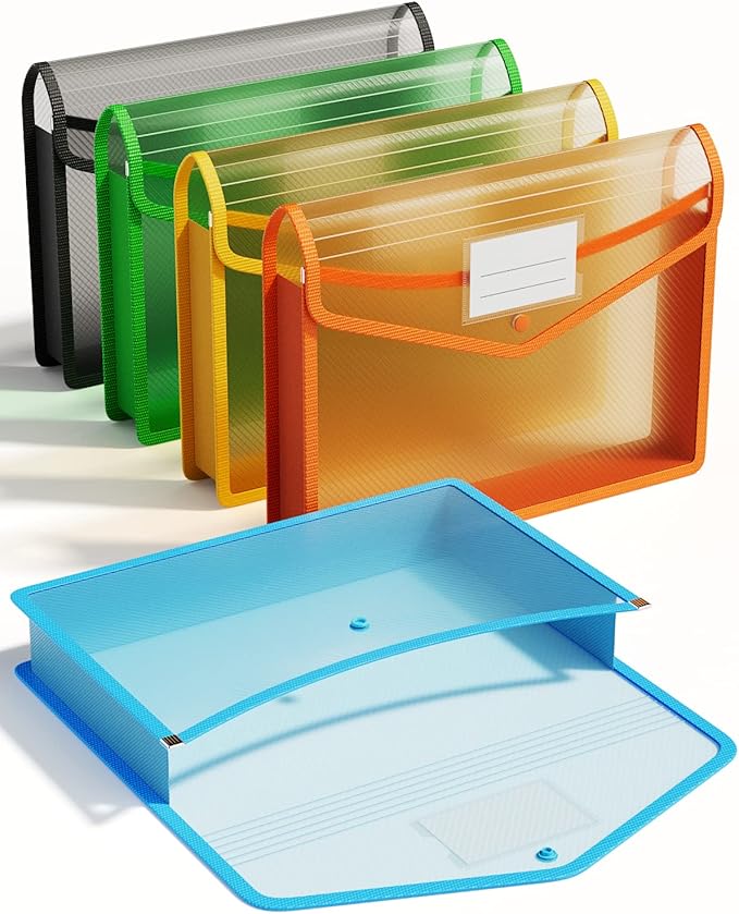 ThinkTex Plastic Expanding File Folder, Transparent Envelopes with Snap Closure, No Dividers, Large Capacity, Assorted Colors, Fits Letter / A4 Size - 5 Pack | No Dividers, Large Capacity, Assorted Colors, Fit Letter/A4 Size - 5 Packs