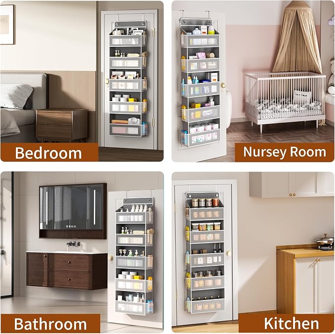 AQOOA 5-Tier Over The Door Organizer, Over the Door Storage 5 Large 10 Side Pockets 44 lbs Load Behind Door Storage, Closet Door Organizer Hanging Shelf for Bathroom Bedroom Nursery, Grey