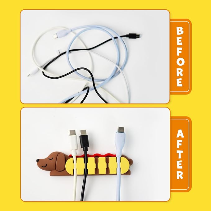 YOBRO Hot Dog Cable Organizer, Dachshund Shaped Adhesive Cord Holder for Desk, 5-Slot PVC Wire Management Clip for Type-C Charging Cable, Cute Kawaii Gift for Office Home Bedroom