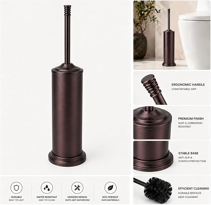 Red Bronze Toilet Brush and Holder Set，Extra Long Handled Toilet Bowl Brush and Holder，Stainless Steel Heavy Duty Toilet Brush for Bathroom,Deep Cleaning Modern Toilet Cleaner Slip Base