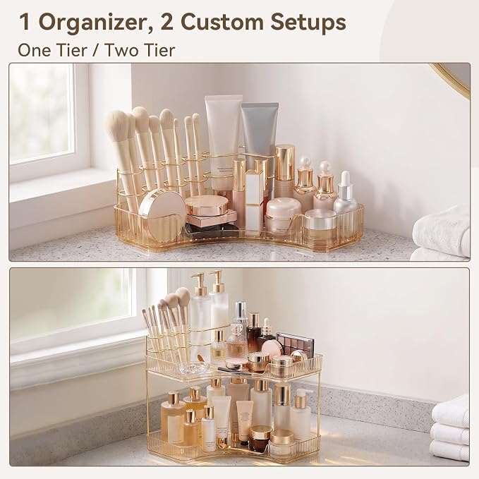 2-Tier Corner Bathroom Counter Organizer with Makeup Brush Holder, Gold | Large Makeup Organizers for Vanity, Corner Bathroom Countertop Organizer for Cosmetic Perfume Skincare Storage
