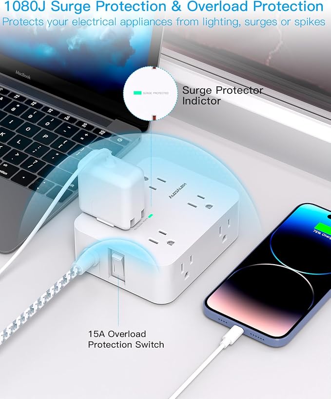 HANYCONY Extension Cord 25 Ft, Surge Protector Power Strip with 8 Outlets 4 USB Ports(2 USB C), Long Cord, Wall Mount, Desk USB Charging Station for Home Office College Dorm Room Essentials