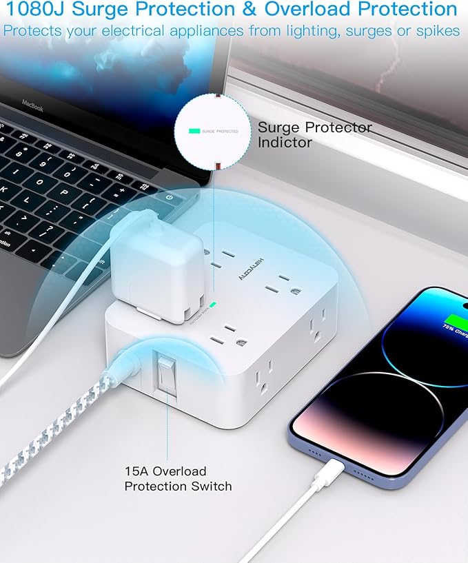 10 Ft Surge Protector Power Strip, HANYCONY Extension Cord with 8 AC Outlets 4 USB (2 USB C) Ports, Flat Plug, Wall Mount Desk USB Charging Station for Home