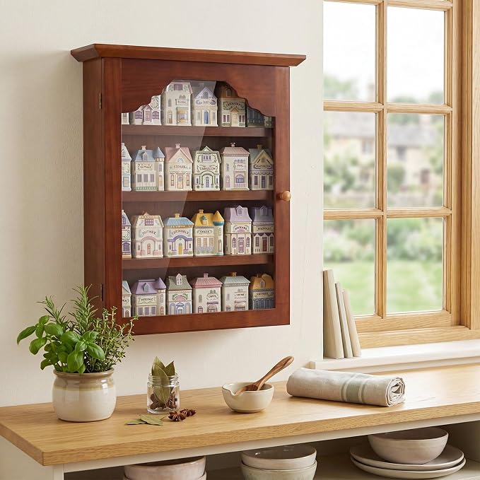 Chunful Vintage Spice Jar Wooden Rack with Clear Door, Brown Spice Shelf for 24 Jars, Village Style Wall Mounting Kitchen Storage Decorative Hanging Display Rack, Shelf Only