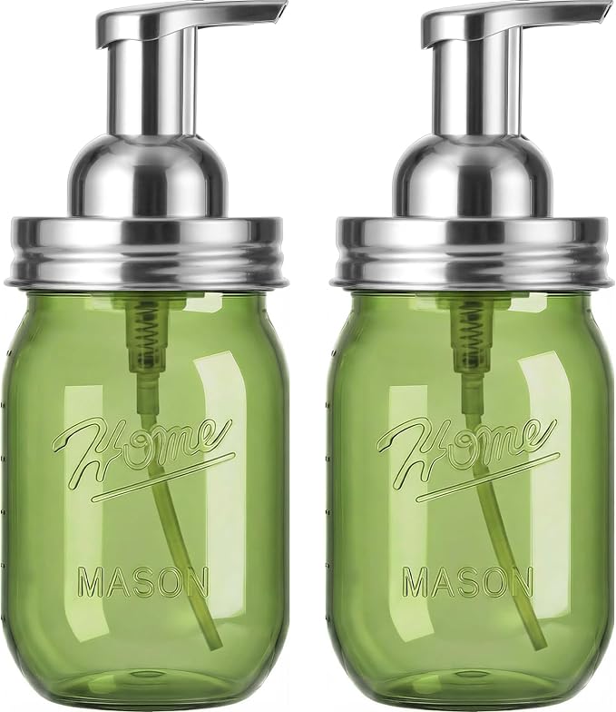Amolliar Plastic Mason Jar Foaming Soap Dispenser Pump Lid, 16oz Foam Soap Dispenser with Cute Lables - Green Refillable Hand Soap Dispenser for Bathroom Kitchen Shower (2 Pack, Silver)