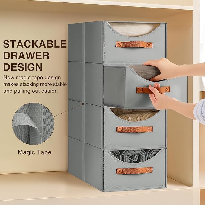 Homsorout Stackable Storage Drawers - Large Collapsible Storage Bins with Drawers, 6 Pack Closet Shelf Organizer Basket, Fabric Pull Out Organizer for Bedroom, Living Room, Dorm, Grey
