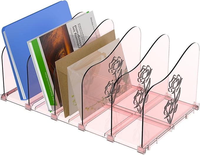 Adjustable Rose File Organizer for Desk, Vertical File Folder Holders for Magazines, Upright Desktop Binder Organizer, Clear Paper Bookshelf Divider File Sorter for School Office Supplies