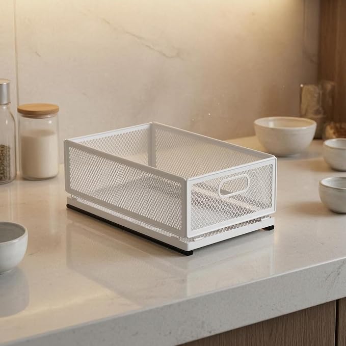 Pull-out Storage Basket Metal Frame Mesh Storage Basket Easy Access for Kitchen, Large Storage Basket 30cm Long With Slide Rail