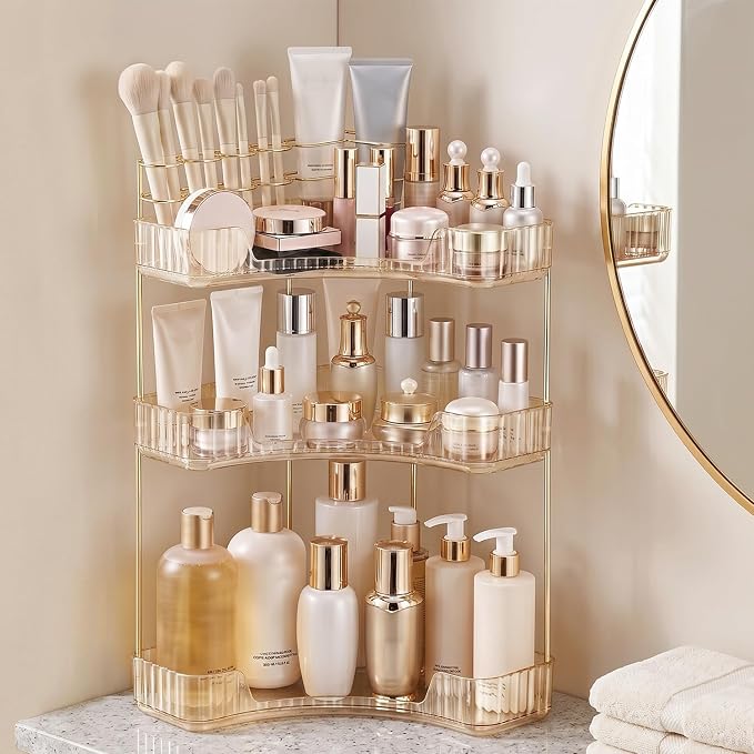 3-Tier Corner Bathroom Counter Organizer with Makeup Brush Holder, Gold | Large Makeup Organizers for Vanity, Corner Bathroom Countertop Organizer for Cosmetic Perfume Skincare Storage