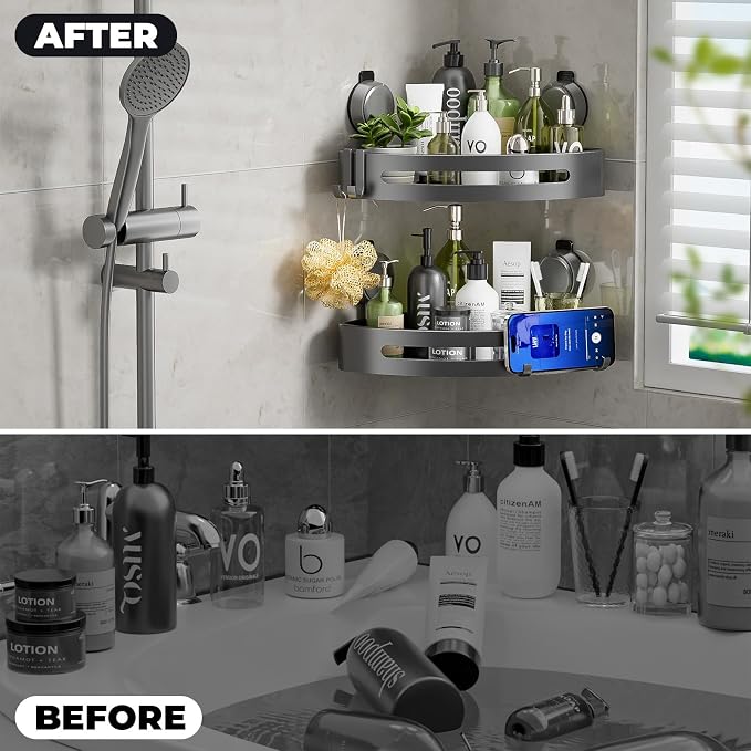 Shower Caddy Corner,Suction Cup Shower Caddy with Hooks,No Drilling Rustproof Aluminum Bathroom Organizers and Storage,Shelves for Bathroom Accessories Decor (3)