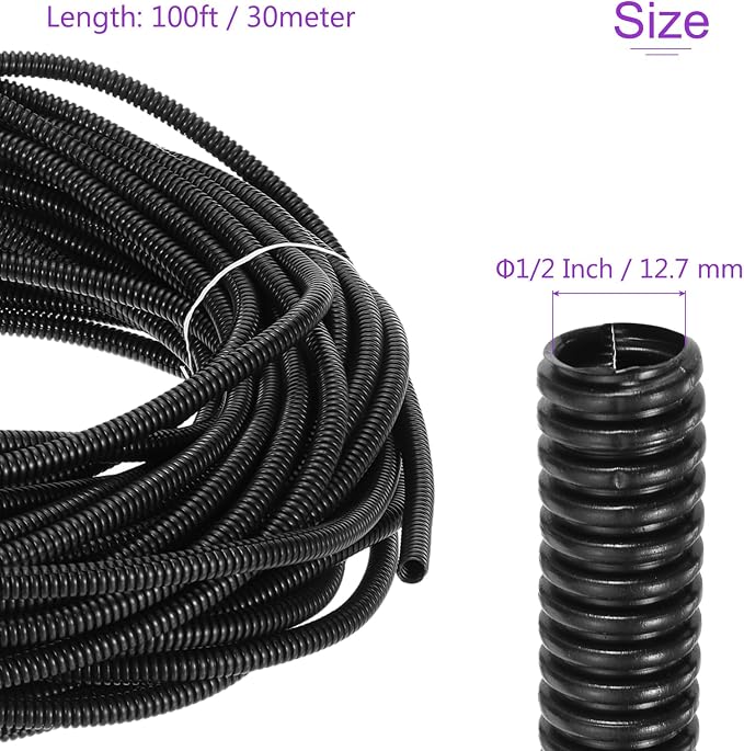 DMiotech 100ft Wire Loom Split Tubing 1/2 Inch(12.7 Mm) ID, Cord Protectors from Pet Flexible Conduit Cable Management for Office, Home, Garden, Black