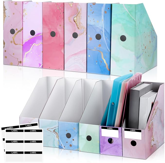 PerKoop 6 Pcs Decorative Magazine File Holders Floral Foldable File Folders Magazine Storage Boxes Rack Desk Organizer Documents with Printable Labels for School Office Home (Marble)