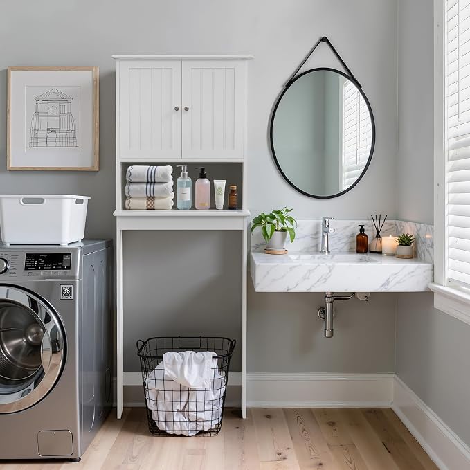 Over Toilet Storage Cabinet with Barn Door & Adjustable Shelves | 24 Inch Wide Bathroom Organizer, Space-Saving, Sturdy Wood, Anti-Tipping, Easy Assembly, for Restroom, Laundry, Small Spaces