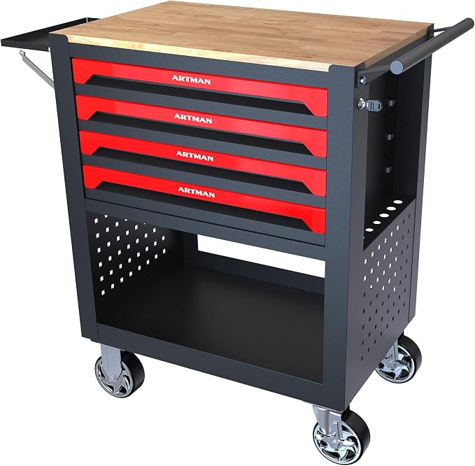 36" Tool Box with Wheels 4 Drawers Rolling Tool Cart, Wooden Top Workbench, 660lbs Total load Tool Cabinet with Locked Drawers Storage Organizer Cabinet for Garage, Warehouse, Repair Shop - Red