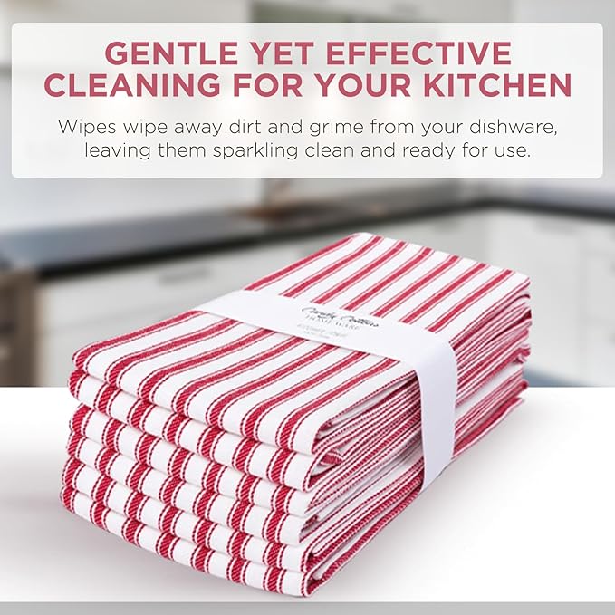 Stripe Kitchen Dish Towels With Hanging Loop - Boho Absorbent Festive Gift Set of 6 - Reusable 18x28 Inch Pantry Decor - Trendy Spring French Red