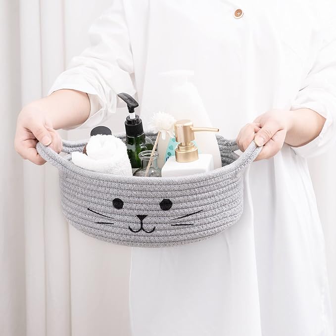 Small Woven Rope Storage Basket, Cute Cat Toy Basket for Living Room, Baby Baskets for Nursery, Gift Baskets Empty for Baby Shower, Grey, 9.8 x 4 inches