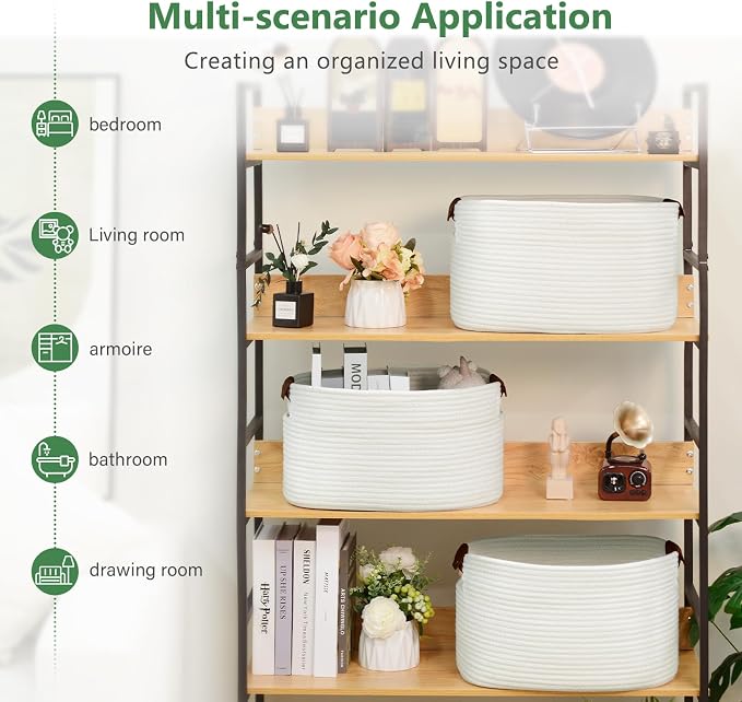 ECDYQXVU 15x10x9 Woven Cotton Rope Storage Basket, Leather Handles 3 Pack | Foldable Design, Sturdy PU Handles, Easy to Clean Organizer for Living Room, Closet, Shelves, Bedroom, Laundry, Clothes