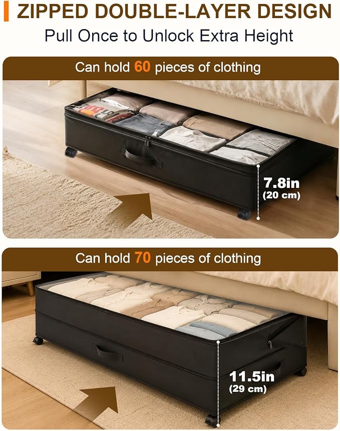 Under Bed Storage w/Wheels,70L Under Bed Containers,2 Pack-Black | 11.5 Inch Under Bed Storage Containers,70L Large Adjustable Underbed w/ Lids,Rolling Underbed Storage Bins for Shoes,Clothes