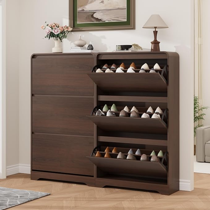 Garvee Hidden Shoe Cabinet, Brown | 3 Flip Drawers, Freestanding, For Entryway, Hallway, Foyer, Modern Design, Small Space