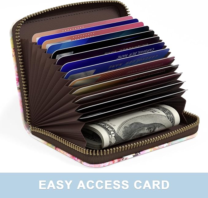Aiawoxc Credit Card Holder, Small RFID Wallet Slim Leather Card Organizer Case with Zipper and Wristlet Strap, Watercolor Flowers