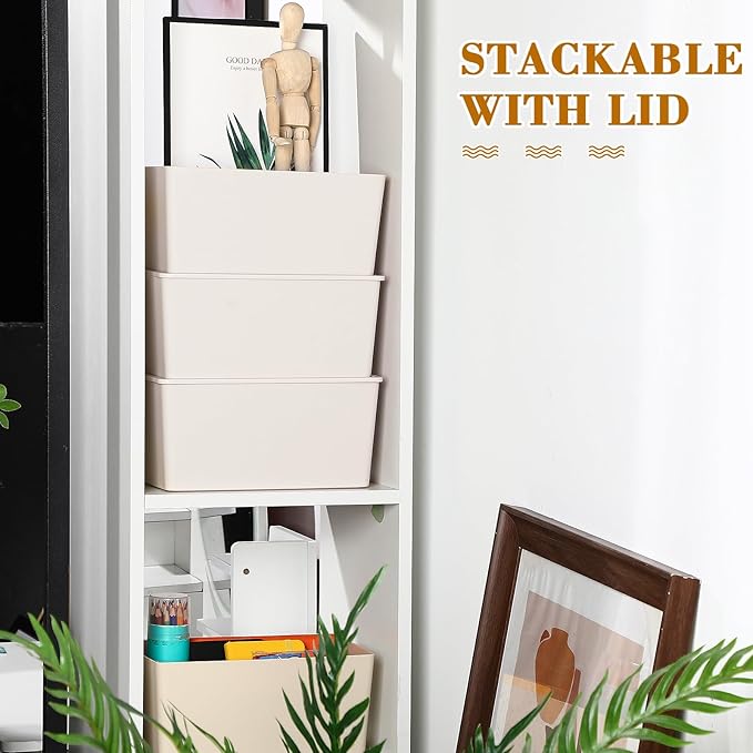 Menkxi 4 Pcs Storage Bins with Lids Plastic Stackable Containers for Organizing Shelves Christmas Ornament Box Baskets(Beige,Large)